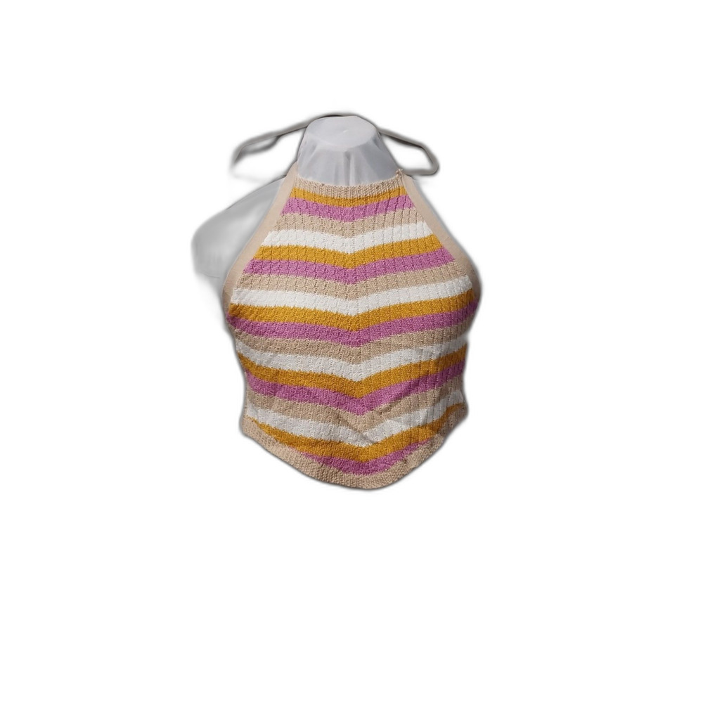 NWT No Comment top Womens Large Tan Orange Pink Striped Crochet Tie Halter Tank